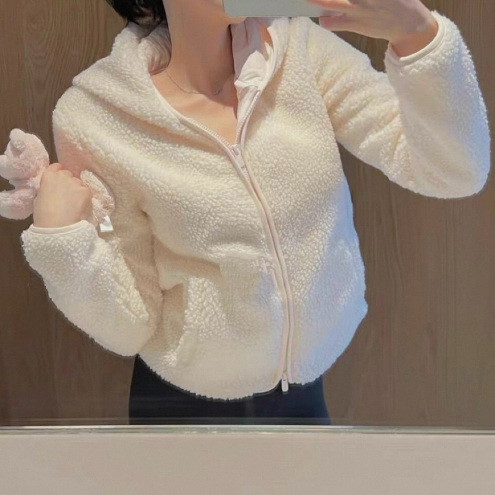 Cream Pink Teddy Zip Hoodie Jacket